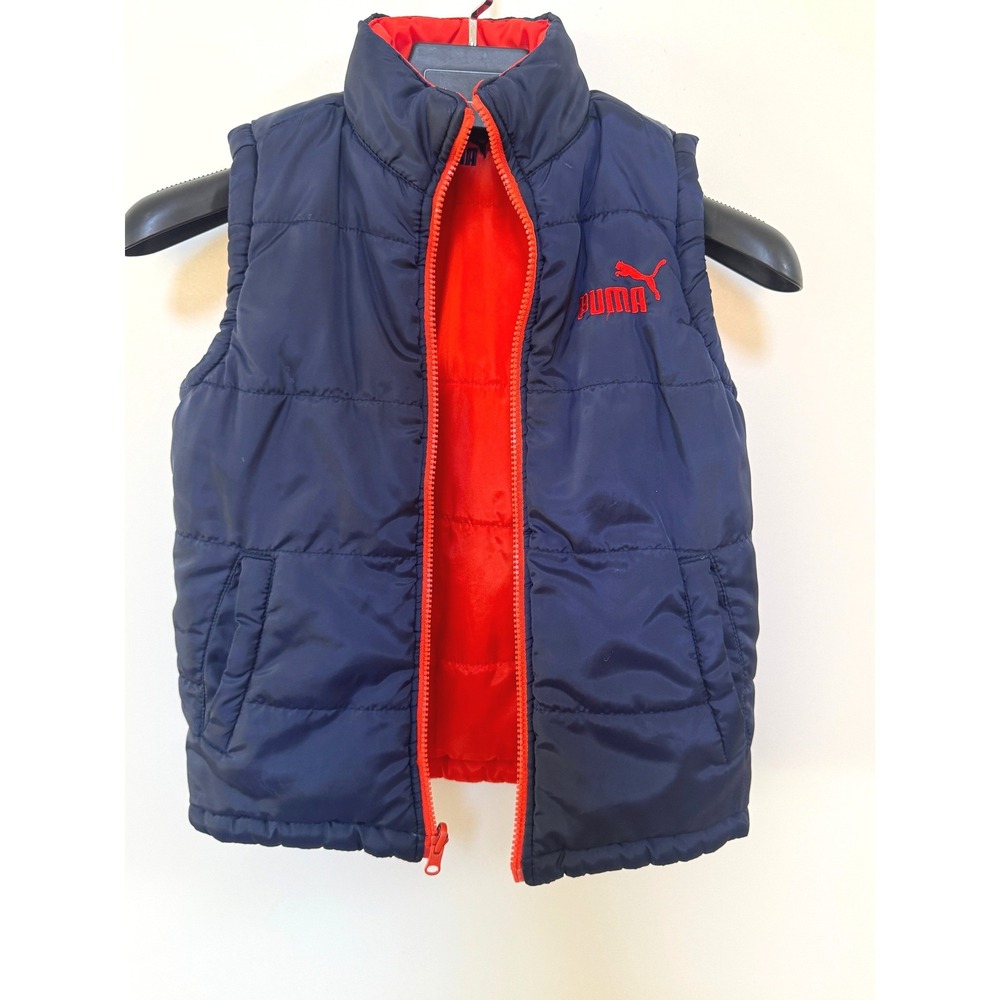 Puma Puffer Vest Boys XS Navy Blue Orange Excellent Reversible Sleeveless Jacket